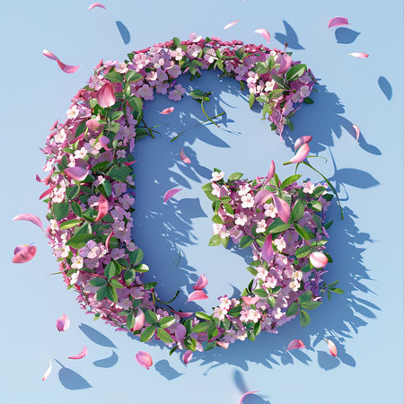 Letter G. Light fresh floral spring composition in sakura petals in beige and pink tones on blue, arrival of spring dynamic greens and sakura, attention to detail product bokeh and particlesの素材