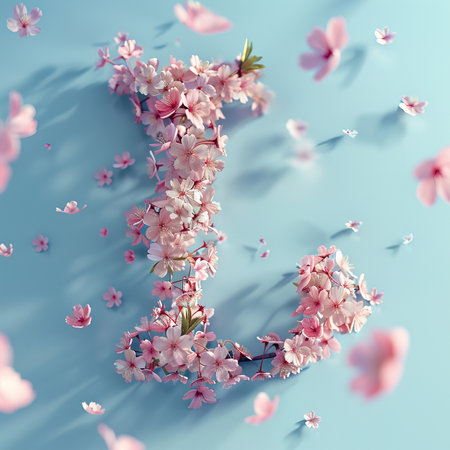 Letter L. Light fresh floral spring composition in sakura petals in beige and pink tones on blue, arrival of spring dynamic greens and sakura, attention to detail product bokeh and particlesの素材