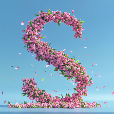 Letter S. Light fresh floral spring composition in sakura petals in beige and pink tones on blue, arrival of spring dynamic greens and sakura, attention to detail product bokeh and particlesの素材