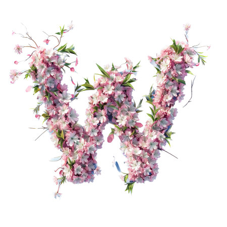 Letter W. Light fresh floral spring composition in sakura petals in beige and pink tones on blue, arrival of spring dynamic greens and sakura, attention to detail product bokeh and particlesの素材