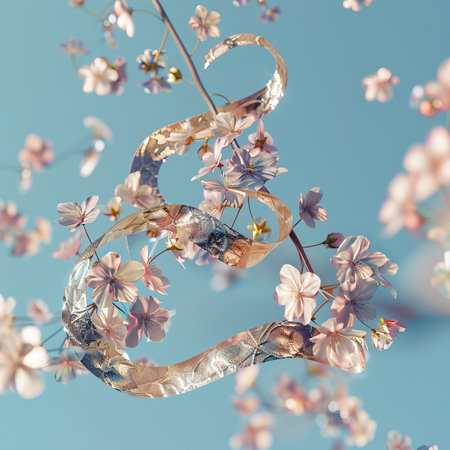 light fresh floral spring composition in sakura petals in beige and pink tones on blue, arrival of spring dynamic greens and sakura, attention to detail product, bokeh and particlesの素材