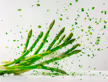 Fresh sliced asparagus plant on white background. Top view. Vegan healthy food. photography of ASPARAGUS falling from the sky, hyperpop color scheme. glossy, white backgroundの素材