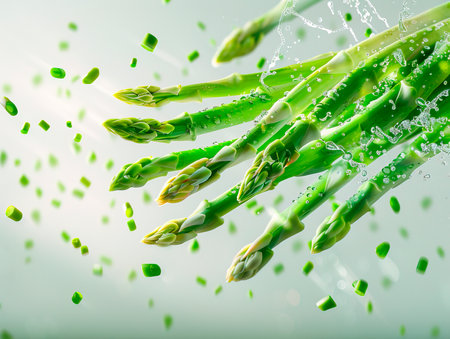 Fresh sliced asparagus plant on white background. Top view. Vegan healthy food. photography of ASPARAGUS falling from the sky, hyperpop color scheme. glossy, white backgroundの素材