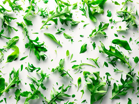 Ruccola leaves isolated on white background. photography of ARUGULA falling from the sky, hyperpop color scheme. glossy, white backgroundの素材