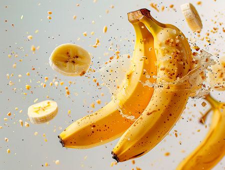 Banana isolated on white background. photography of BANANAS falling from the sky, hyperpop color scheme. glossy, white backgroundの素材