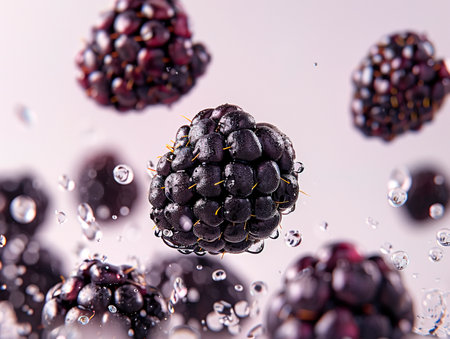 photography of BLACKBERRIES falling from the sky, hyperpop color scheme. glossy, white background. Raspberry, blueberry and blackberryの素材