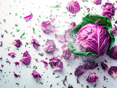 Macro shot of the cabbage. photography of CABBAGE falling from the sky, hyperpop color scheme. glossy, white backgroundの素材