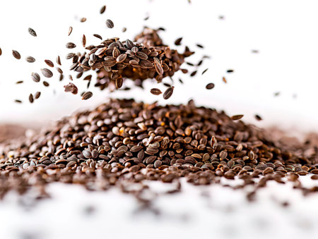Basil seeds and basil leaves isolated on white backgrounds. photography of BASIL SEEDS falling from the sky, hyperpop color scheme. glossy, white backgroundの素材