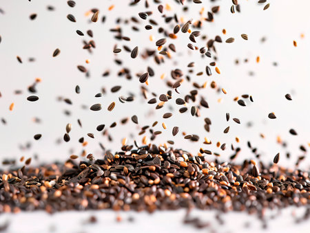 Basil seeds and basil leaves isolated on white backgrounds. photography of BASIL SEEDS falling from the sky, hyperpop color scheme. glossy, white backgroundの素材