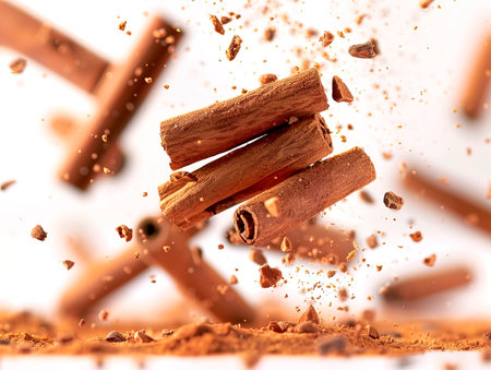 Cinnamon sticks and other aromatic spices falling on white background photography of CINNAMON falling from the sky, hyperpop color scheme. glossy, white backgroundの素材