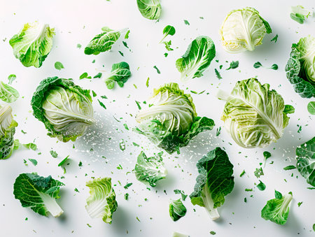 Macro shot of the cabbage. photography of CABBAGE falling from the sky, hyperpop color scheme. glossy, white backgroundの素材