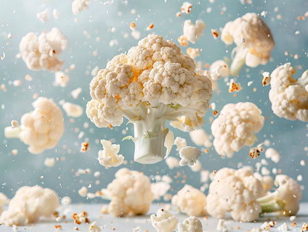 Falling cauliflower isolated on white background photography of CAULIFLOWER falling from the sky, hyperpop color scheme. glossy, white backgroundの素材