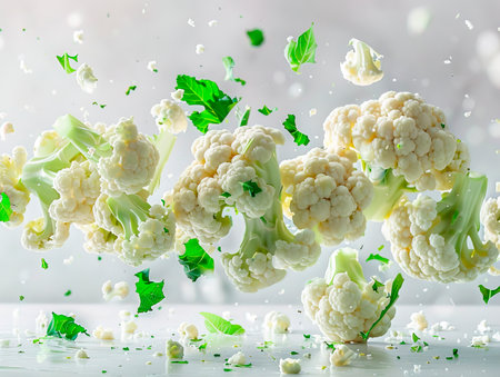 Falling cauliflower isolated on white background photography of CAULIFLOWER falling from the sky, hyperpop color scheme. glossy, white backgroundの素材