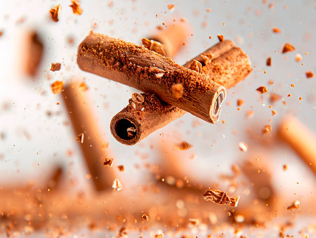 Cinnamon sticks and other aromatic spices falling on white background photography of CINNAMON falling from the sky, hyperpop color scheme. glossy, white backgroundの素材