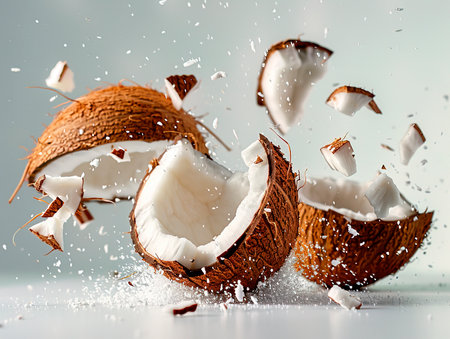 Coconut isolated set. half coconut and piece of coconut isolated on white background. photography of COCONUT falling from the sky, hyperpop color scheme. glossyの素材