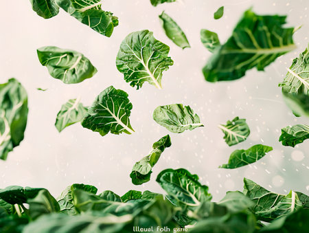 Bundle of collard leaves isolated on white. Loose-leafed cultivar of brassica oleracea. Green vegetable. Berza greens. photography of COLLARD GREENS falling from the sky, hyperpop color schemeの素材