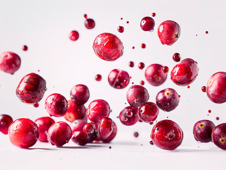 Cranberry isolated. Cranberries flying on white background. Cranberry berries with leaf falling. Full depth of field. photography of CRANBERRIES falling from the sky, hyperpop color scheme.の素材