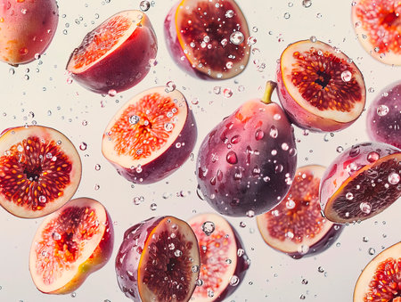 Fig collection. Fig isolated on white background. Fig macro. With clipping path photography of FIGS falling from the sky, hyperpop color scheme. glossy, white backgroundの素材