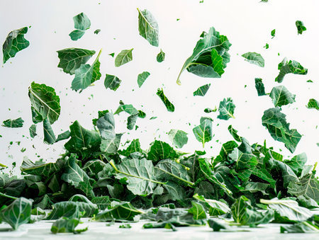 Bundle of collard leaves isolated on white. Loose-leafed cultivar of brassica oleracea. Green vegetable. Berza greens. photography of COLLARD GREENS falling from the sky, hyperpop color schemeの素材