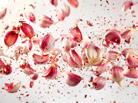 Garlic isolated on white background, collection photography of GARLIC falling from the sky, hyperpop color scheme. glossy, white backgroundの素材