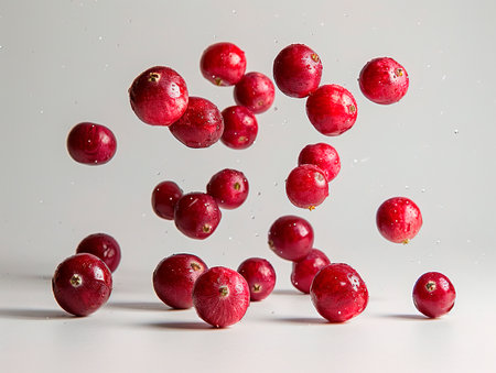Cranberry isolated. Cranberries flying on white background. Cranberry berries with leaf falling. Full depth of field. photography of CRANBERRIES falling from the sky, hyperpop color scheme.の素材