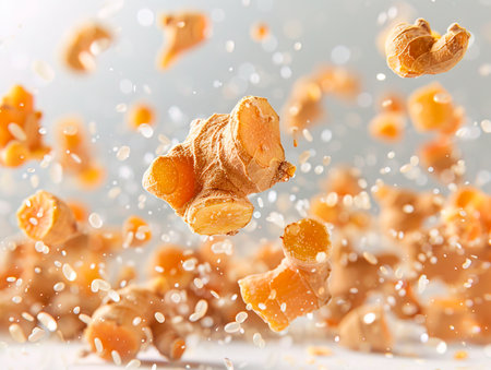 Flying ginger root with slices collection isolated on white background. photography of GINGER falling from the sky, hyperpop color scheme. glossy, white backgroundの素材