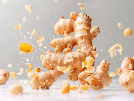 Flying ginger root with slices collection isolated on white background. photography of GINGER falling from the sky, hyperpop color scheme. glossy, white backgroundの素材