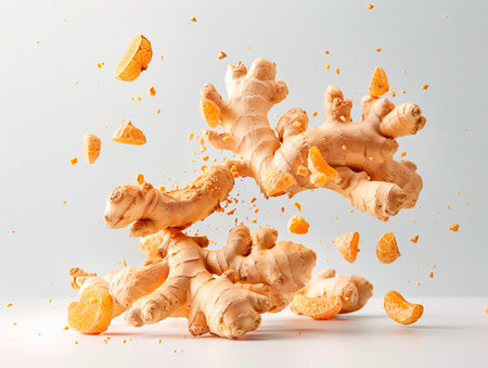 Flying ginger root with slices collection isolated on white background. photography of GINGER falling from the sky, hyperpop color scheme. glossy, white backgroundの素材