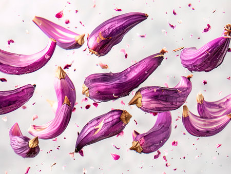 Overhead view of ripe organic eggplants harvest concept photography of EGGPLANTS falling from the sky, hyperpop color scheme. glossy, white backgroundの素材