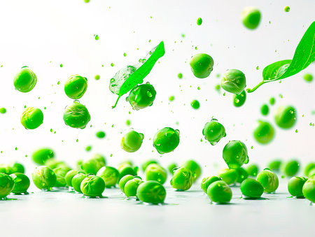 Green beans isolated on a white background, Top view. Flat lay photography of GREEN BEANS falling from the sky, hyperpop color scheme. glossy, white backgroundの素材