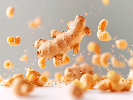 Flying ginger root with slices collection isolated on white background. photography of GINGER falling from the sky, hyperpop color scheme. glossy, white backgroundの素材