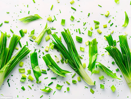 Fresh green leek stems isolated on white background. photography of LEEKS falling from the sky, hyperpop color scheme. glossy, white backgroundの素材