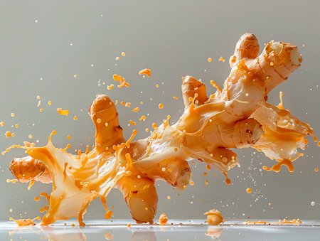 Flying ginger root with slices collection isolated on white background. photography of GINGER falling from the sky, hyperpop color scheme. glossy, white backgroundの素材