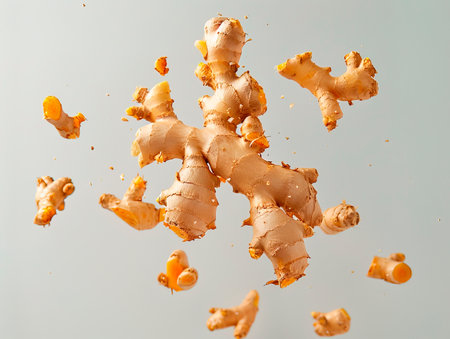 Flying ginger root with slices collection isolated on white background. photography of GINGER falling from the sky, hyperpop color scheme. glossy, white backgroundの素材