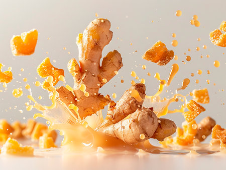 Flying ginger root with slices collection isolated on white background. photography of GINGER falling from the sky, hyperpop color scheme. glossy, white backgroundの素材