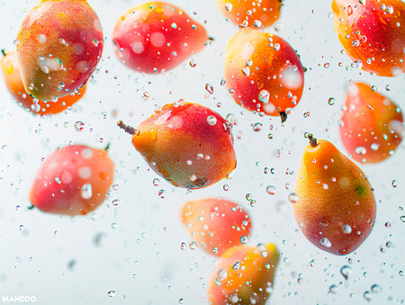 Flying ripe mango with green leaves isolated on white background. photography of MANGO falling from the sky, hyperpop color scheme. glossy, white backgroundの素材
