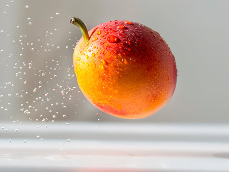 Flying ripe mango with green leaves isolated on white background. photography of MANGO falling from the sky, hyperpop color scheme. glossy, white backgroundの素材