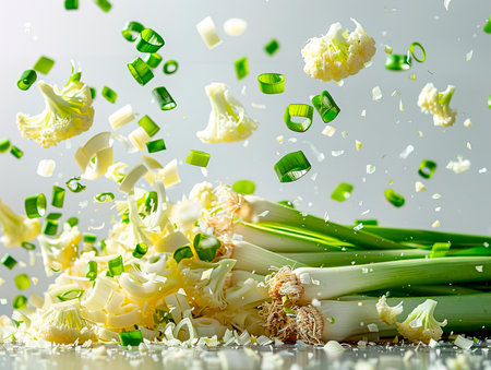 Fresh green leek stems isolated on white background. photography of LEEKS falling from the sky, hyperpop color scheme. glossy, white backgroundの素材