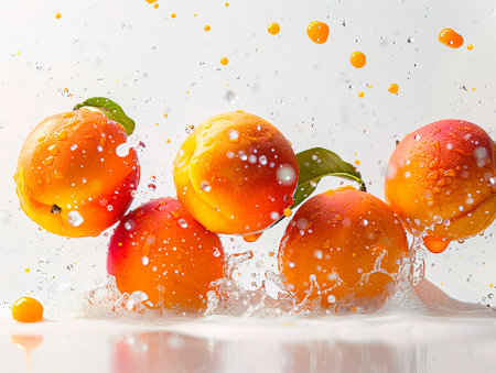 Flying ripe mango with green leaves isolated on white background. photography of MANGO falling from the sky, hyperpop color scheme. glossy, white backgroundの素材