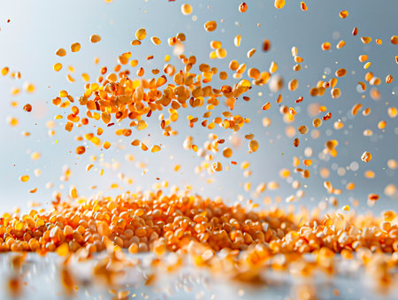 Yellow millet background. The view from top photography of MILLET falling from the sky, hyperpop color scheme. glossy, white backgroundの素材