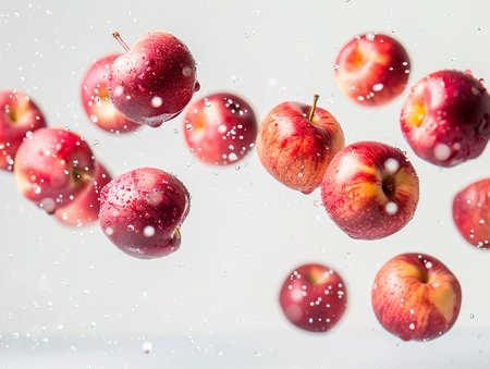 Peach. Fresh organic peach isolated on white background. Peach collection photography of NECTARINES falling from the sky, hyperpop color scheme. glossy, white backgroundの素材