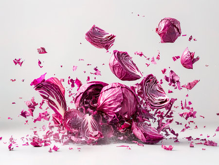 photography of RED CABBAGE falling from the sky, hyperpop color scheme. glossy, white background Fresh vegetable cross section.の素材