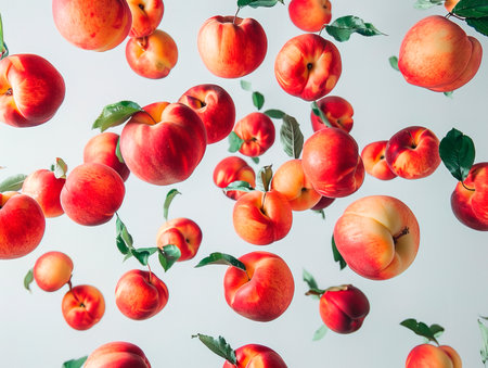 Levitating peach isolated. Composition of peaches, peach halves and slices with green leaves on a white background. photography of PEACHES falling from the sky, hyperpop color scheme. glossy, white backgroundの素材