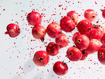 Pomegranate juice dripping isolated on white background. photography of POMEGRANATES falling from the sky, hyperpop color scheme. glossy, white backgroundの素材
