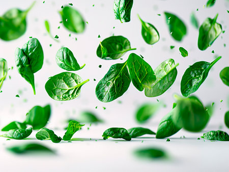 Fresh spinach leaves isolated on white background, flat lay, top view. Background from green leaves of spinach. The concept of proper nutrition, healthy products.の素材