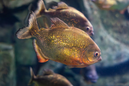 Red-bellied piranha. A swarm of piranha fish. Relatively dangerous freshwater fish. Red-bellied...