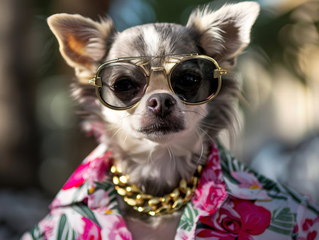 photo of a Chihuahua dog lying on a table in the park looking into the distance Photorealistic, miami vice style, Chihuahua, sunglasses, floral shirt, gold chainの素材