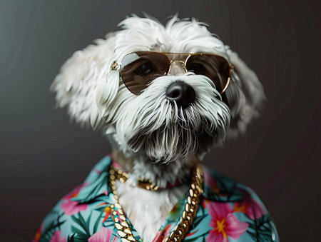 A cute white Maltese dog in summer outdoors Photorealistic, miami vice style, Maltese dog, sunglasses, floral shirt, gold chainの素材