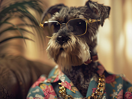 Small white sleepy puppy close up portrait Photorealistic, miami vice style, Miniature Schnauzer, sunglasses, floral shirt, gold chainの素材