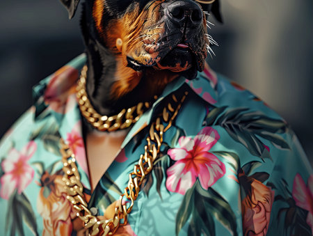 Portrait of a beautiful thoroughbred rottweiler in a summer park in the grass close-up. Photorealistic, miami vice style, Rottweiler, sunglasses, floral shirt, gold chainの素材